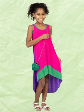 24sevenkid Girls Sleeveless Colorblock HighLow Knee Length Dress