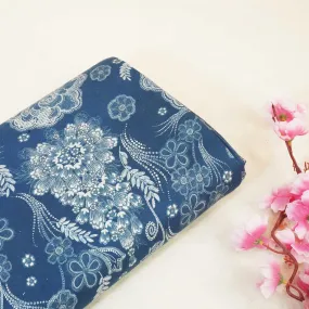 Blue Handpainted Floral Print Linen Fabric RM-24628