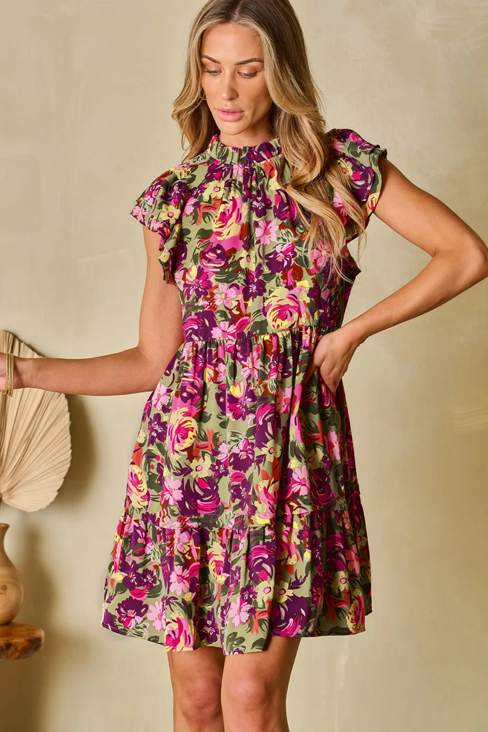 Flutter Sleeve Frilled Neck Mini Dresses