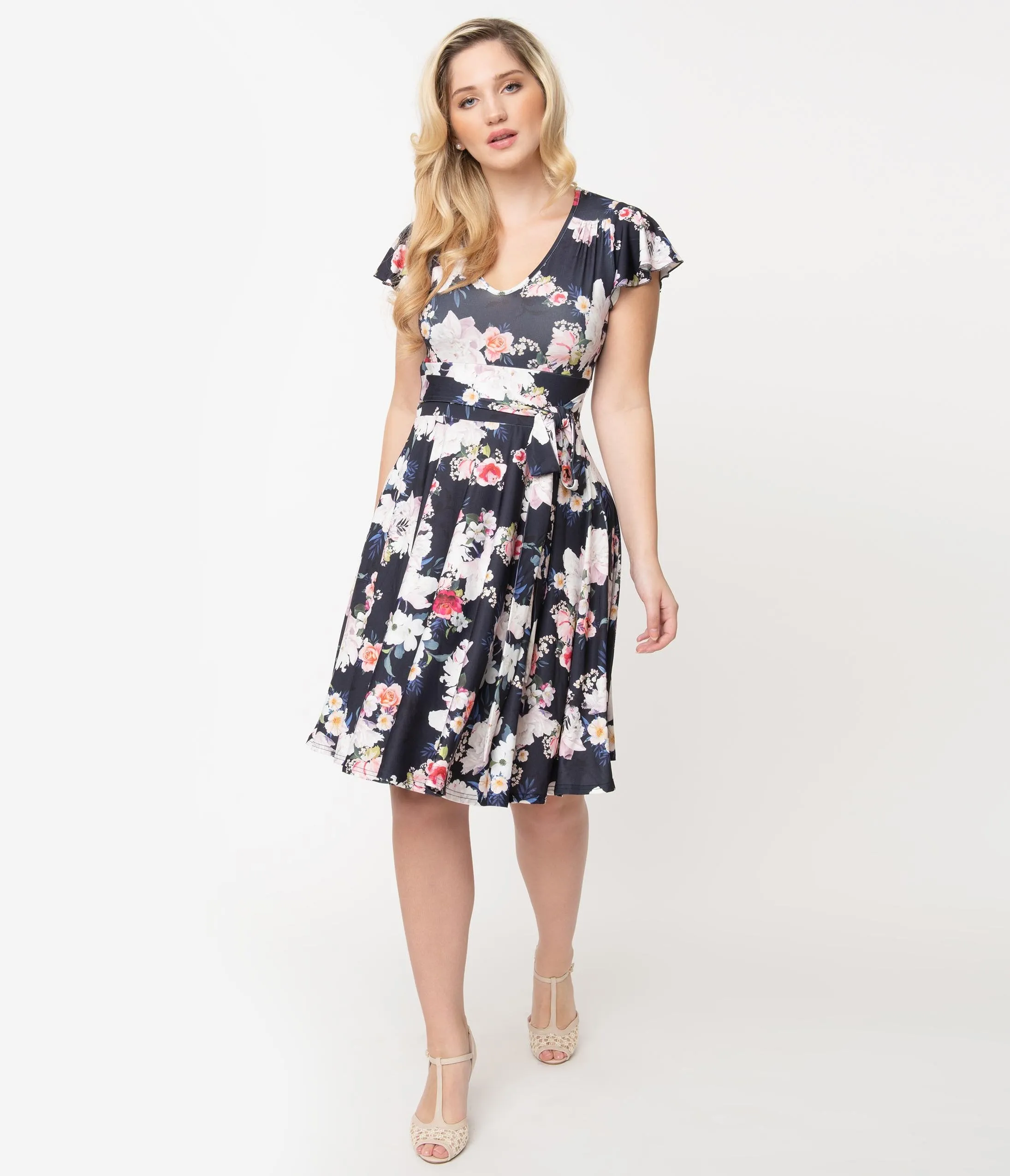 Hell Bunny Navy Blue Floral Print Flutter Sleeve Tussy Mussy Dress