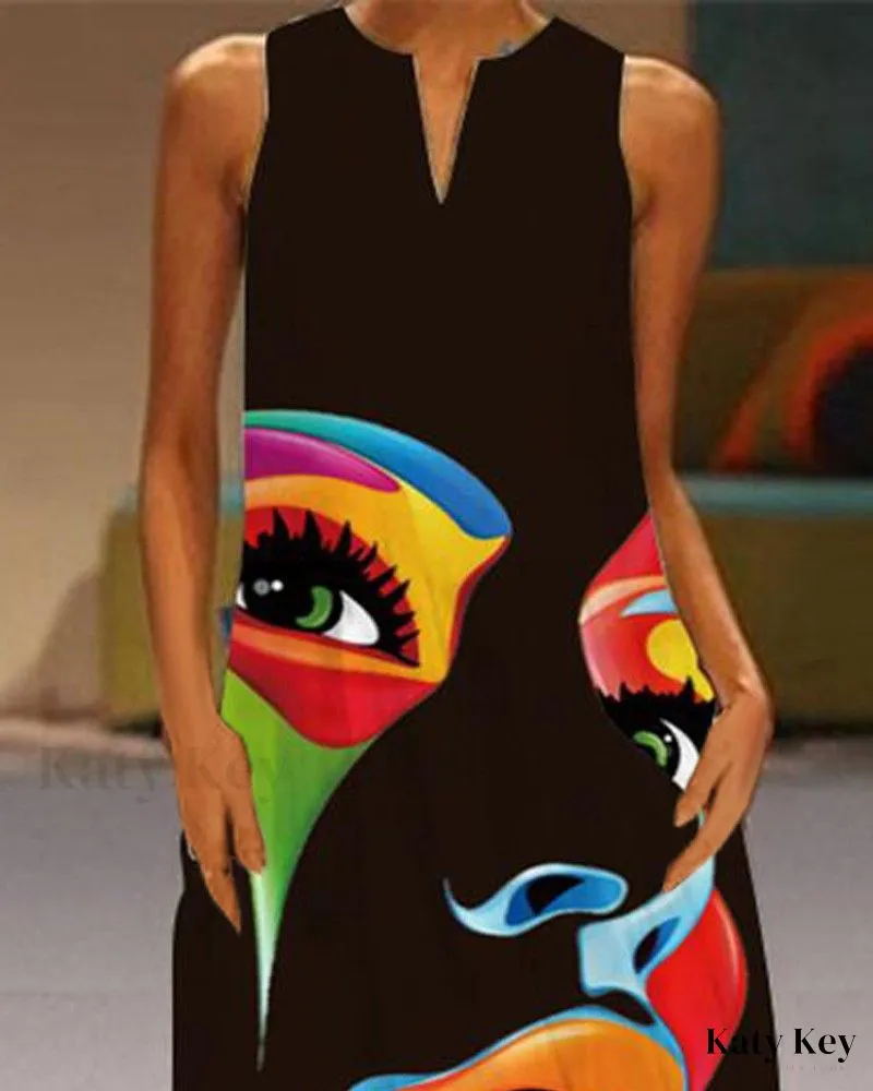 KatyKey - Artistic Abstract Print Sleeveless Maxi Dress
