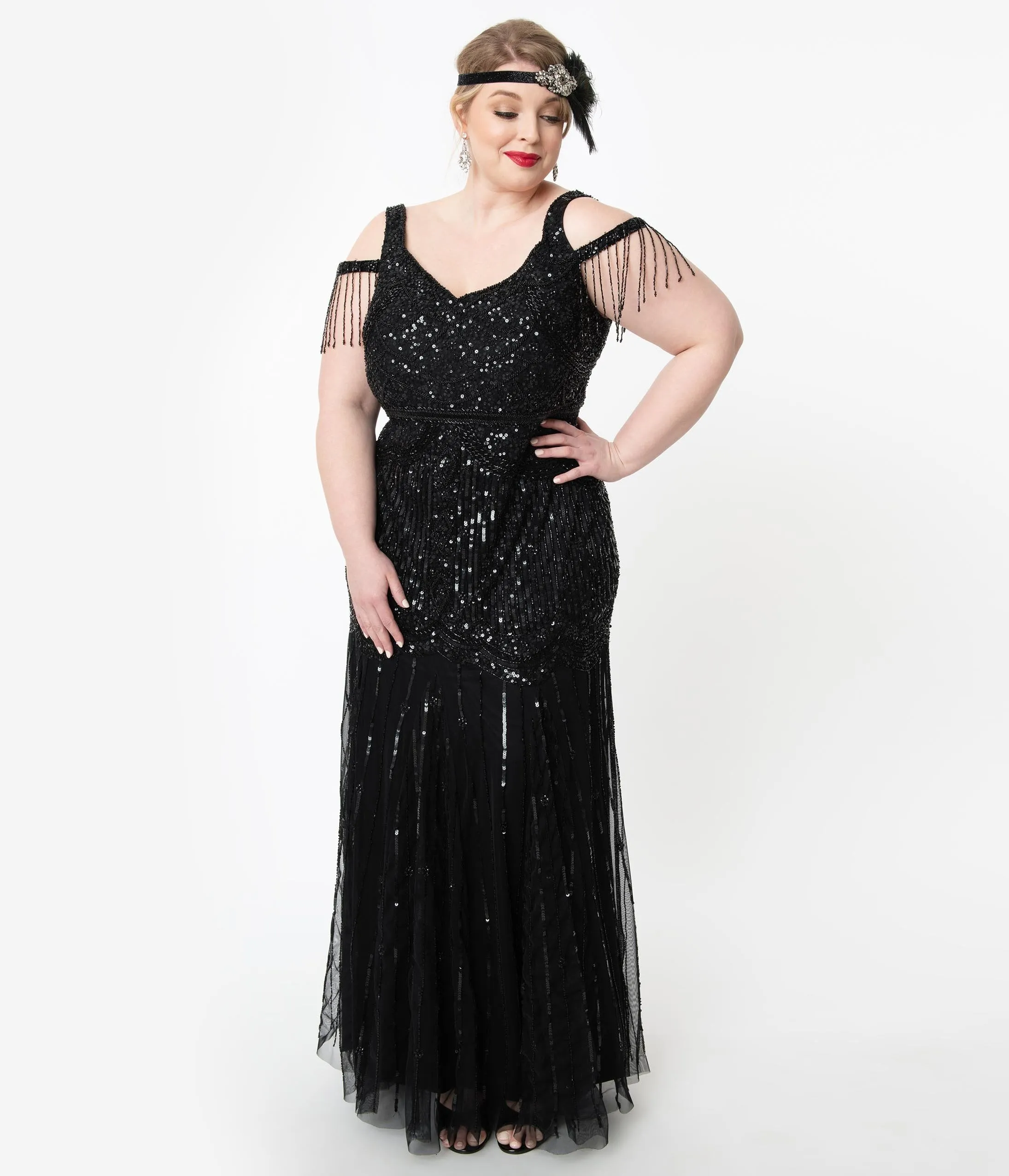 Plus Size Deco Style Black Beaded Mermaid Chloe Flapper Gown