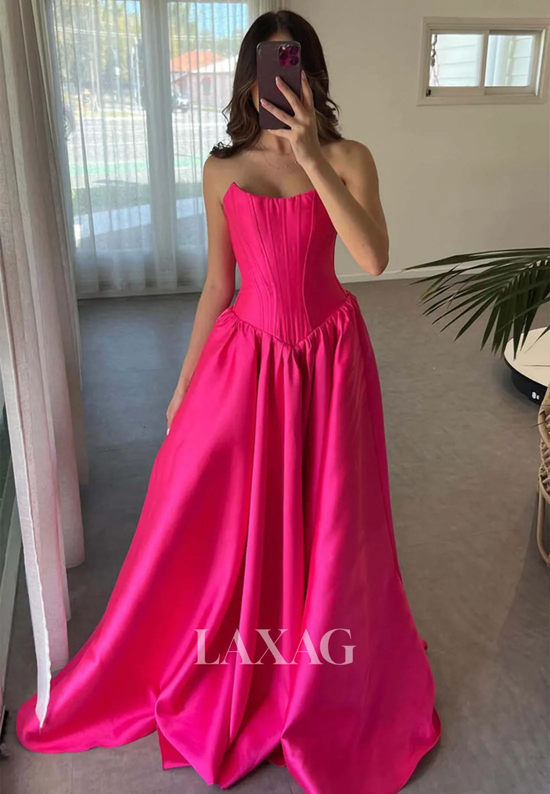 Simple Scoop-Neck Off-Shoulder Sleeveless Formal Gowns Pleated Satin A-Line Prom Dress with Sweep Train