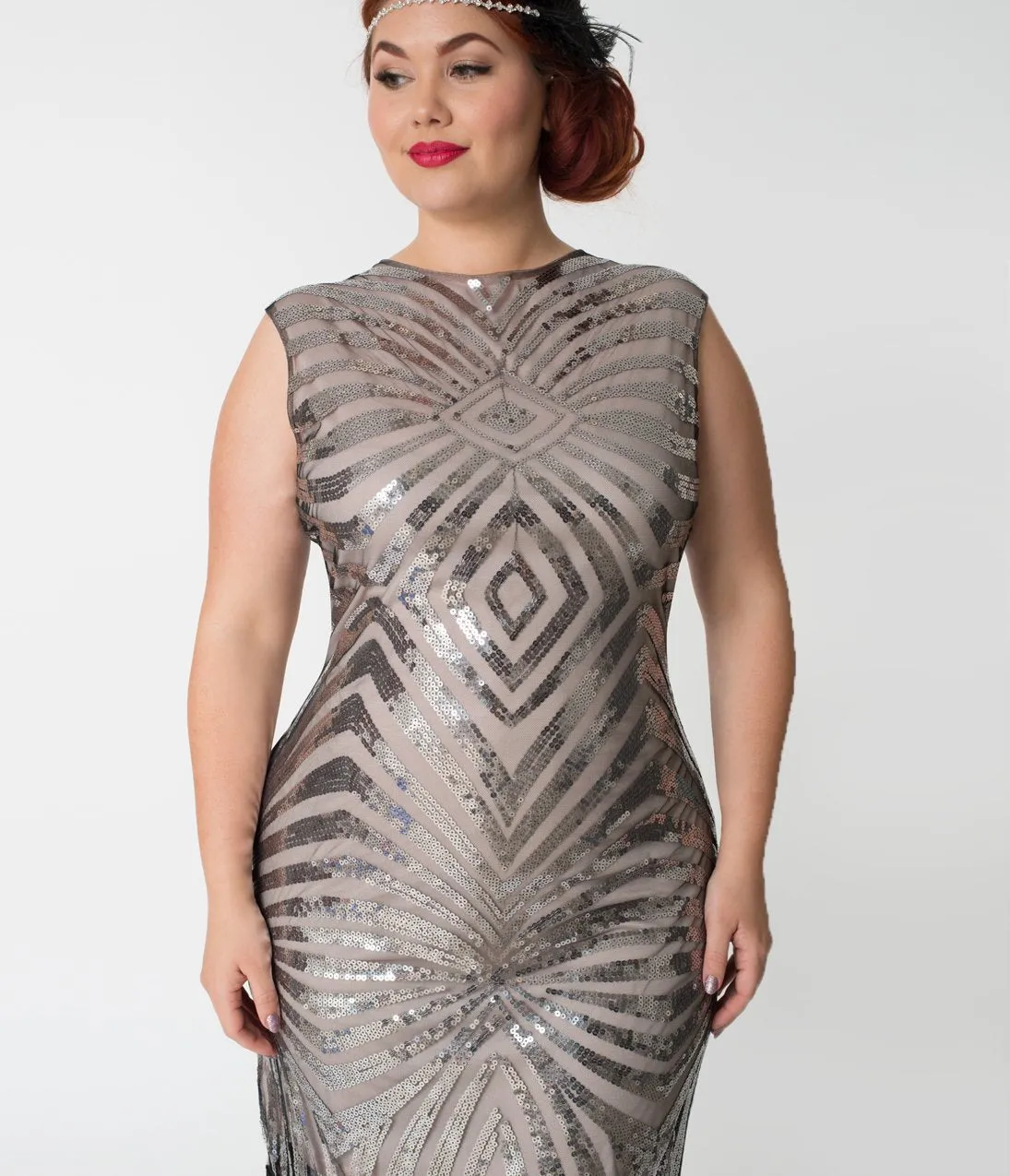 Unique Vintage Plus Size Silver Sequin & Black Fringe Sandrine Flapper Dress