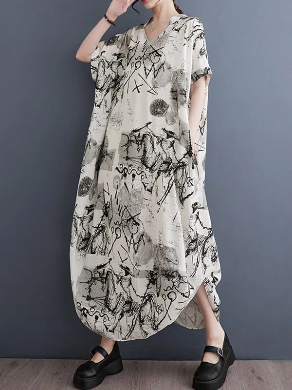 xakxx Irregular Clipping Loose Printed V-Neck Maxi Dresses