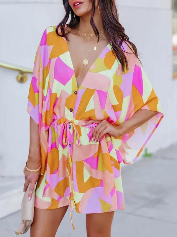 xakxx Original Loose Printed Contrast Color Tied Buttoned Mini Shirt Dress
